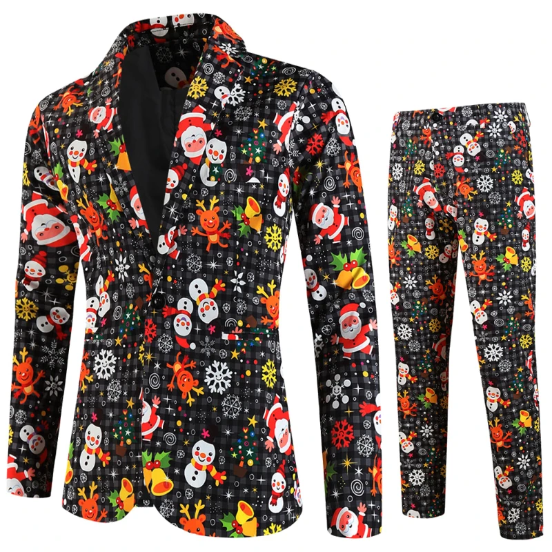 Men's Christmas Suits 2 Pieces Blazers and Trousers Santa Claus Print Slim Fit Men Suit Sets New Year Party Stage Mens Clothing