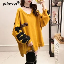 Autumn Winter Fashion V-neck Letter Printed Velvet Streetwear Oversized Female Sweatshirt Casual Long Sleeve Pullover Tops Women