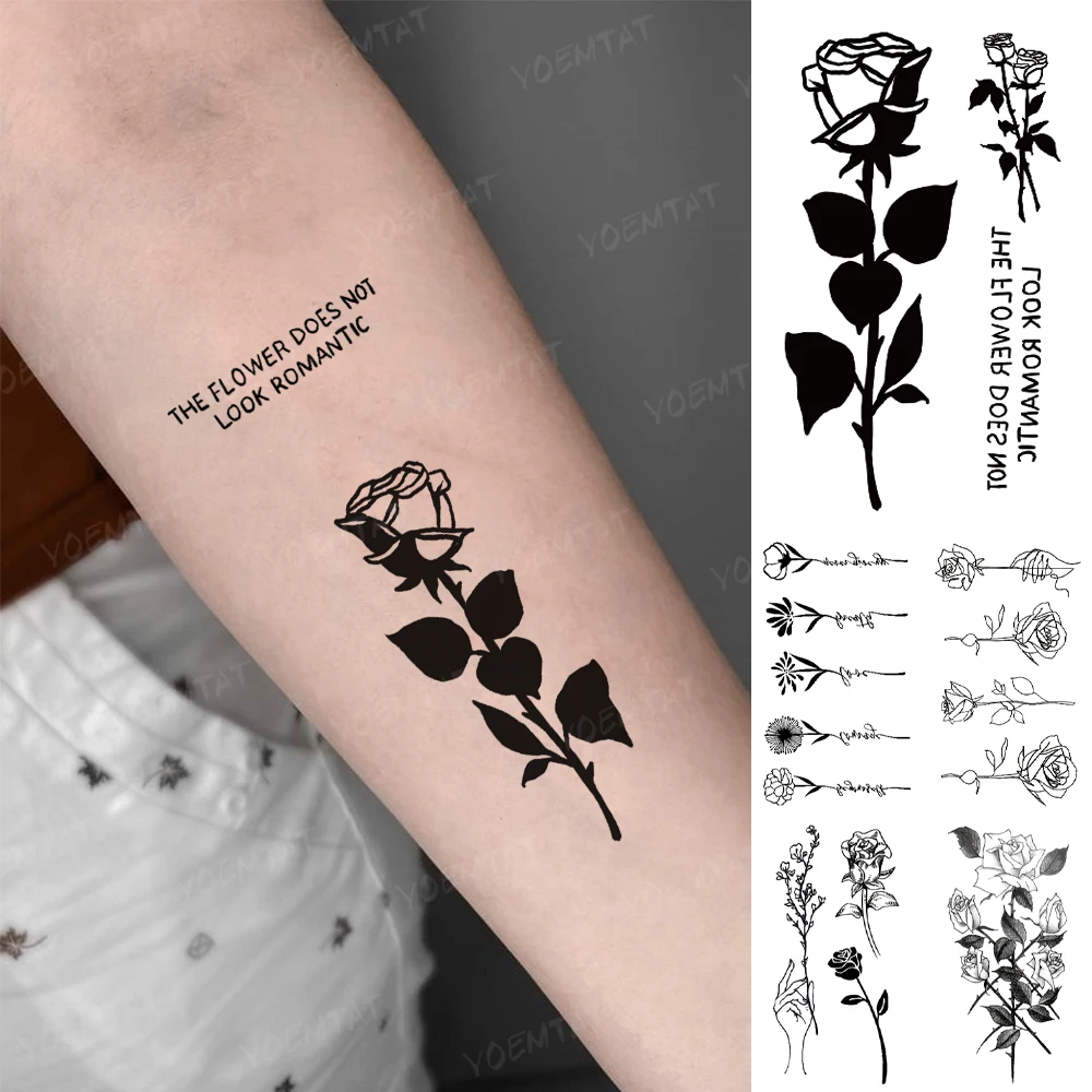 

Waterproof Temporary Tattoo Sticker Rose Flower Black Word English Letter Flash Finger Tatoo Women Arm Body Art Fake Tatto Men