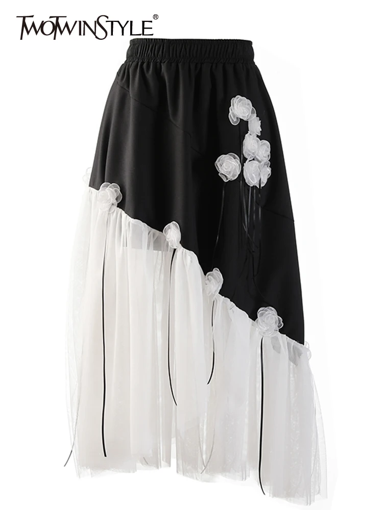 

TWOTWINSTYLE Loose Asymmetrical Midi Skirt For Women High Waist Patchwork Color Block Midi Skirts Female Korean Fashion Clothing