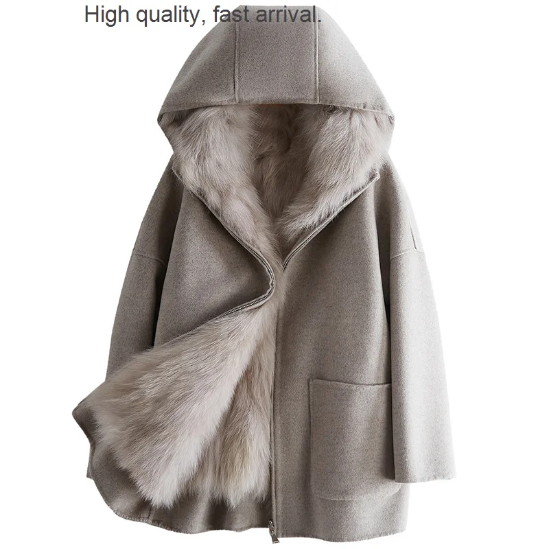 

Wool Reversible New Woolen Coat Women's Detachable Fox Fur Liner Fur Korean Style Hooded Parka Coat