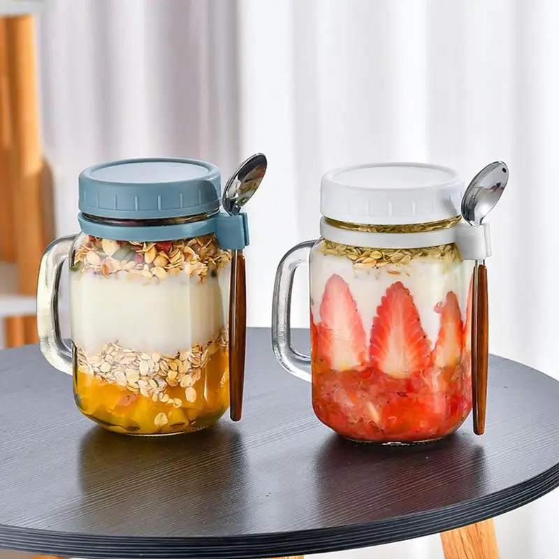 480ml Overnight Oats Jar 2pcs Breakfast Cup With Lid And Spoon Airtight  Chocolate Nutella Glass Jar Wide Mouth Oatmeal Container - AliExpress