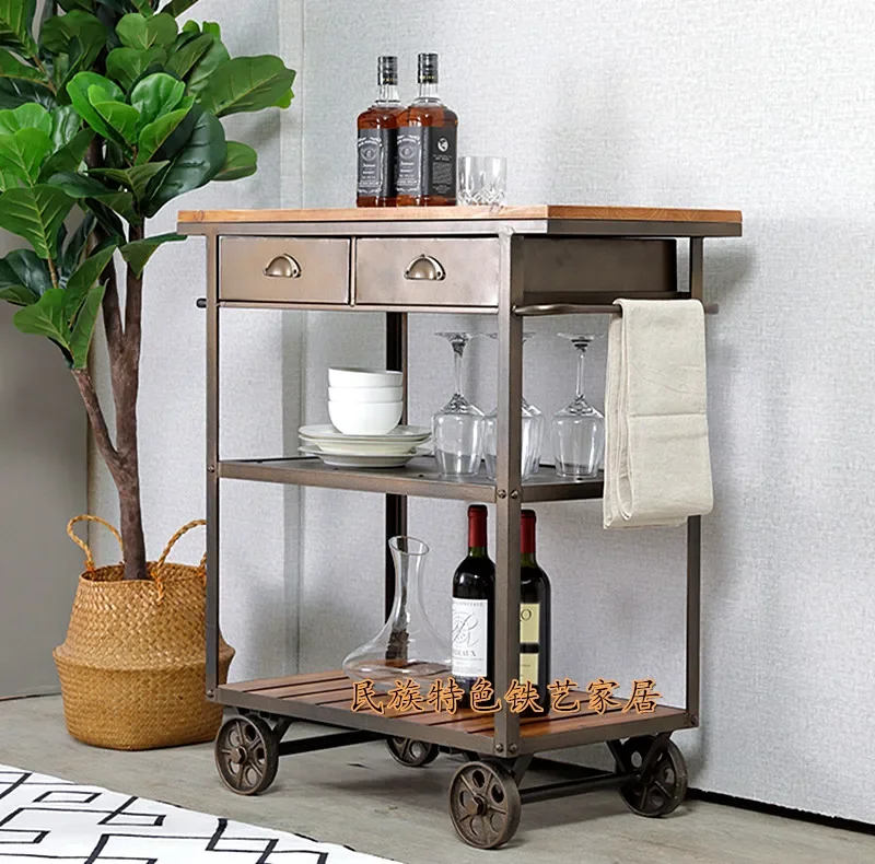 American retro solid wood wrought iron movable with wheels, side cabinet, dining cart, restaurant dining table, kitchen cooking