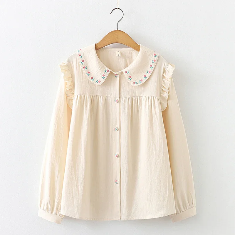 Spring Sweet Mori Girl Flower Embroidery Cotoon Shirt Women Peter Pan Collar Long Sleeve Casual Loose Female Blouse Tops