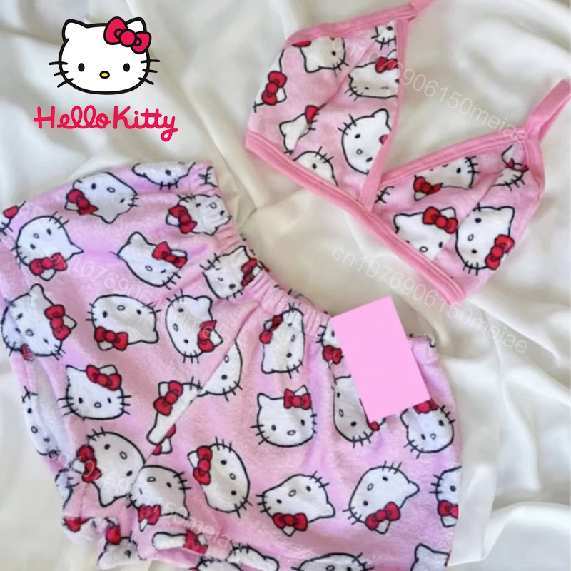 

MINISO Kawaii Hello Kitty Loose Ladies Pajama Suits Cartoon Sleep Bottoms Lounge Home Wear Summer Beachwear for Women Two-Piece