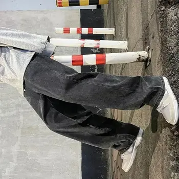 2025 New Korean Men's Casual Long Jeans Classic Man Straight Denim Wide-leg Pants Solid Color Light Blue Grey Black