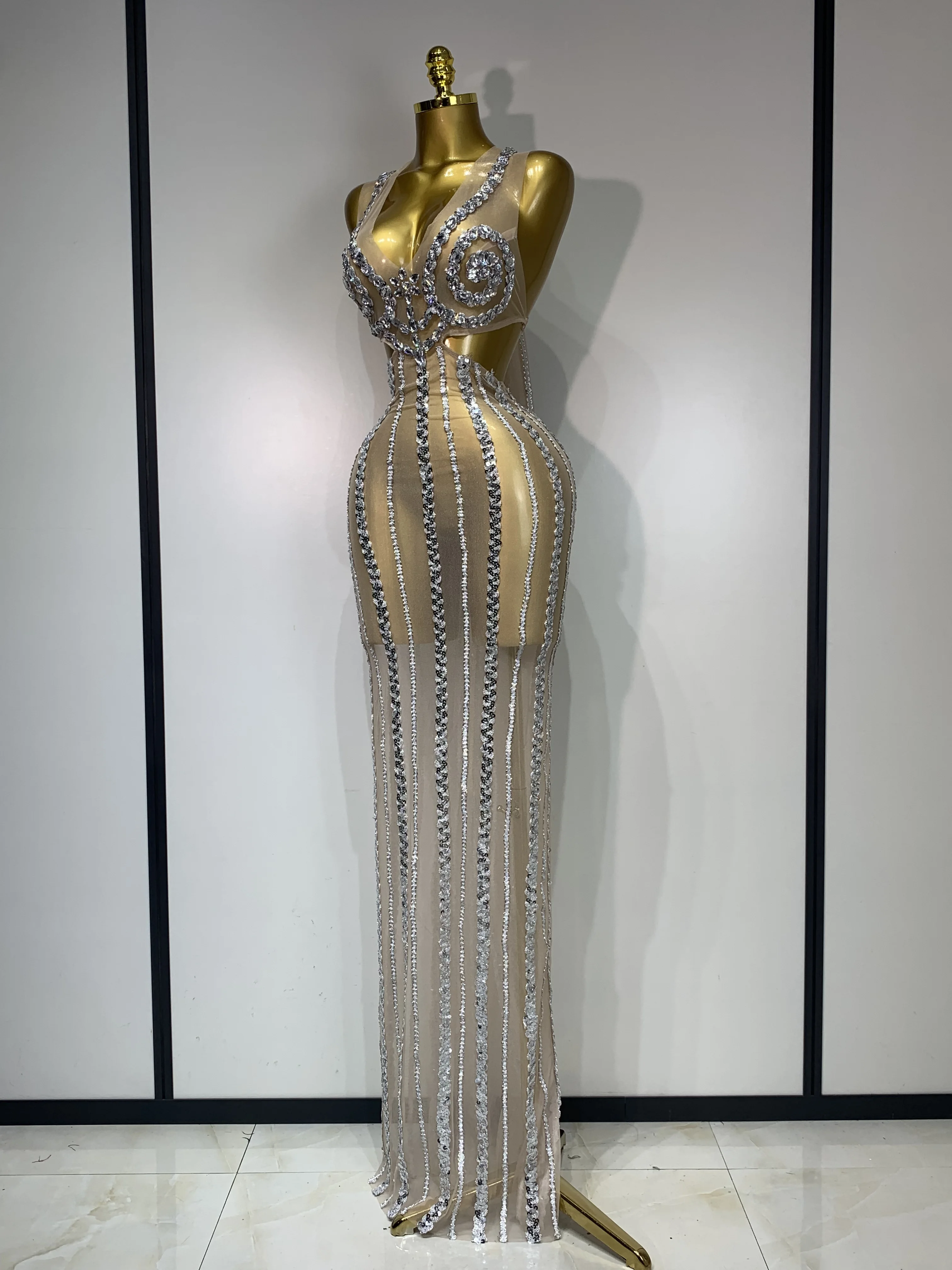 Sparkly Rhinestone Sequins Sexy Mesh See Through Long Dress 2025 Women  Luxury Birthday party Dresses Nightclub Stage Costume - AliExpress 200000345