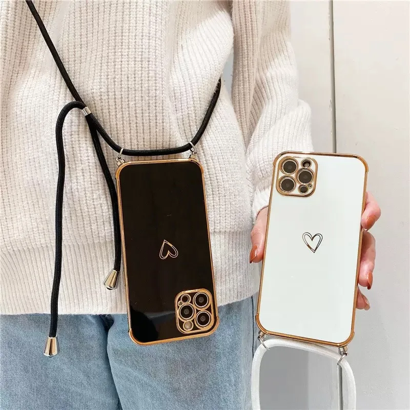 Elegant Crossbody Lanyard Case with Plating Love Design - Shockproof Camera Protection Cover