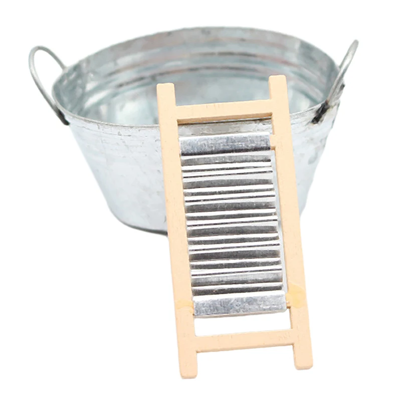 1Set 1:12 Dollhouse Miniature Washboard Iron Bucket Model For Doll House Decor Accessori Bambini Finta Gioca Giocattoli