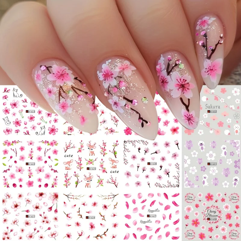 Cherry Blossom & Bear Water Transfer Nail Stickers - Pink Floral Design