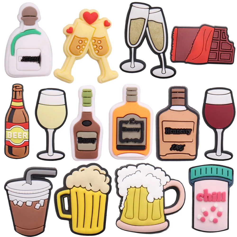 

Wholesale 50Pcs Drink Beer Chocalate Red Wine Champagne PVC Garden Shoe Charms Shoes Decorations Fit Wristbands Croc Jibz