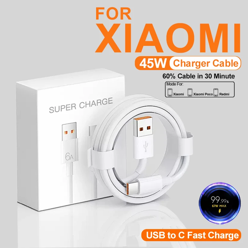 

45W 6A USB Type C Cable For Xiaomi Mi 11 12T 13 Ultra Redmi Note 9 10 8 POCO X5 Pro Phone Super Fast Charger Cable Accessories