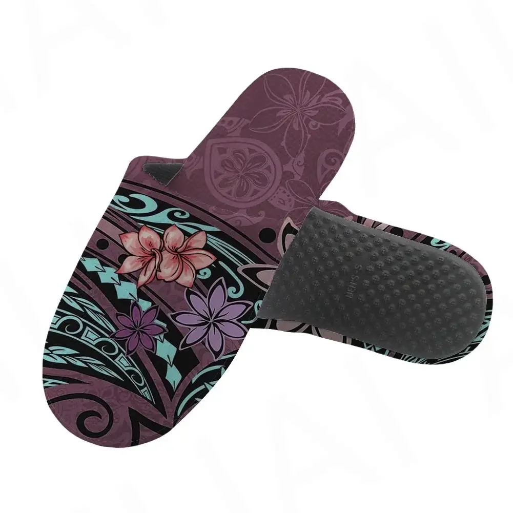 Men's Cotton Slippers Hawaii Polynesian Plumeria Print Indoor Non-slip Flat Shoes Warm House Soft Plush Fashion