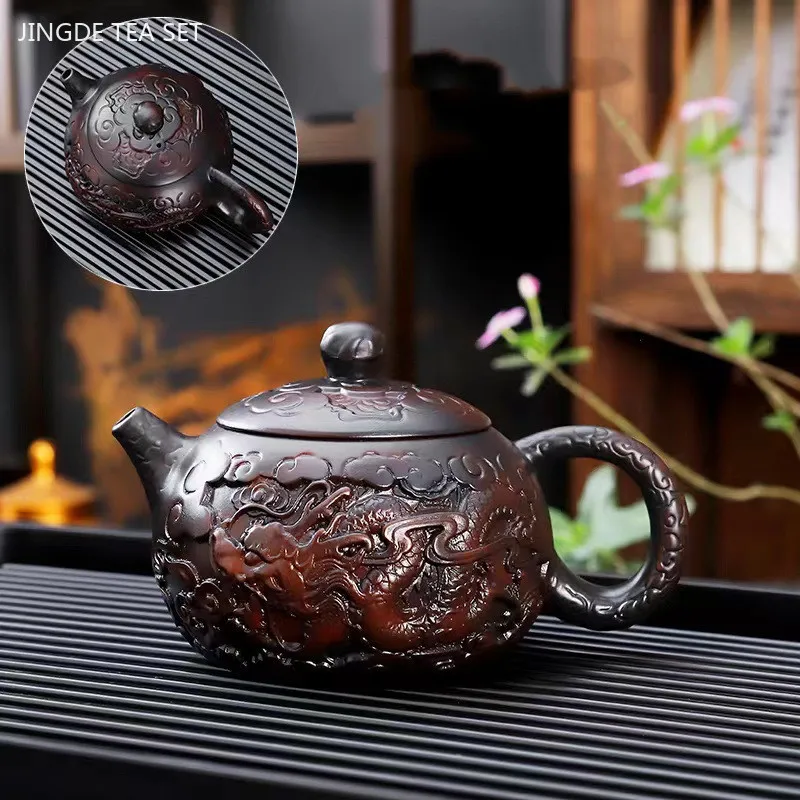 Purple Pottery Relief Teapot Hand-carved Dragon Pattern Beauty Kettle Traditional Ball Hole Filter Pot Chinese Zisha Tea Set