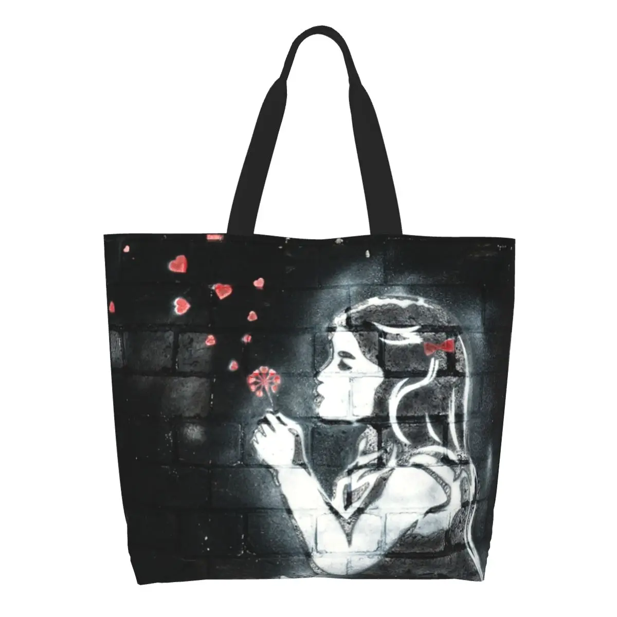 

Girl Hearts By Banksy Groceries Shopping Bags Printed Canvas Shopper Shoulder Tote Bag Big Capacity Portable Street Art Handbag