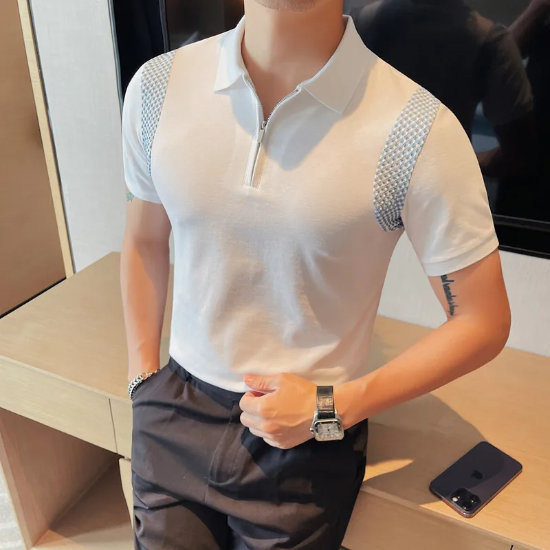 

2023 Summer Contrast Stitching Polo Shirts Men Short Sleeve Slim Casual T-shirts Fashion Lapel POLO Shirts Social Men Clothing