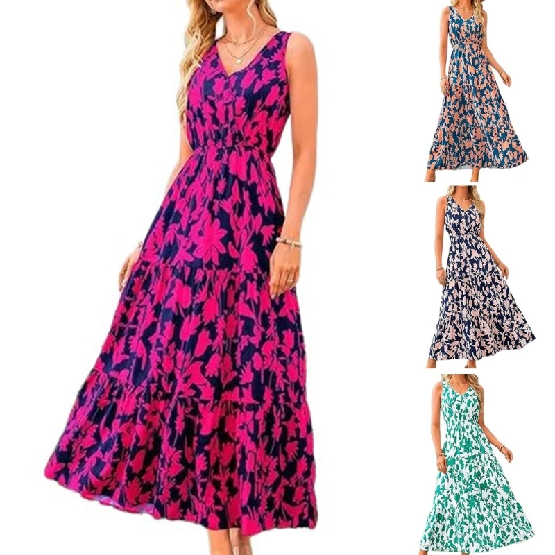 

Women Sleeveless VNeck Elastic Waist Flower Print A Line Swing Maxi Long Dress