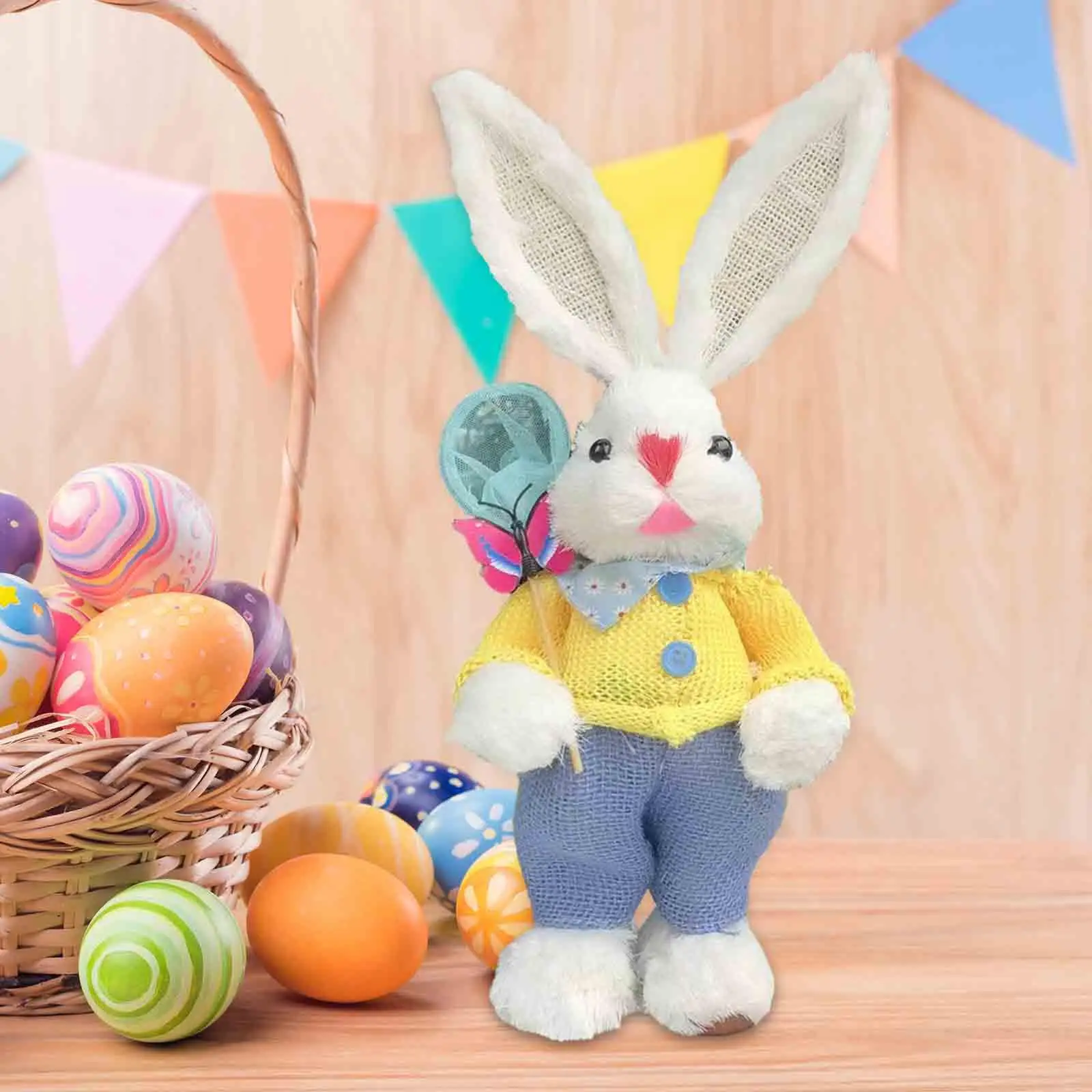 Easter Straw Bunny Rabbits Tabletop Statue Artificial Animal Sculpture Animal Figurines for Farmhouse Desktop Easter Home Decor