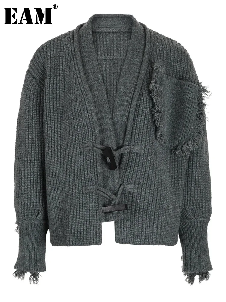 

[EAM] Gray Knitting Thick Flash Cardigan Sweater Loose Fit V-Neck Long Sleeve Women New Fashion Tide Spring Autumn 2024 1DH1835