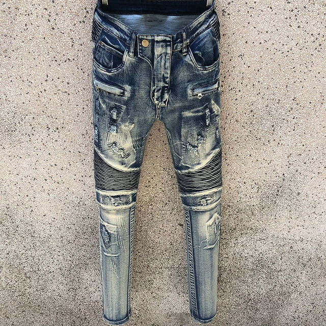 Jeans 2023 | Pleated Jeans Jeans | Trousers - Blue Male Ripped Hole Design -
