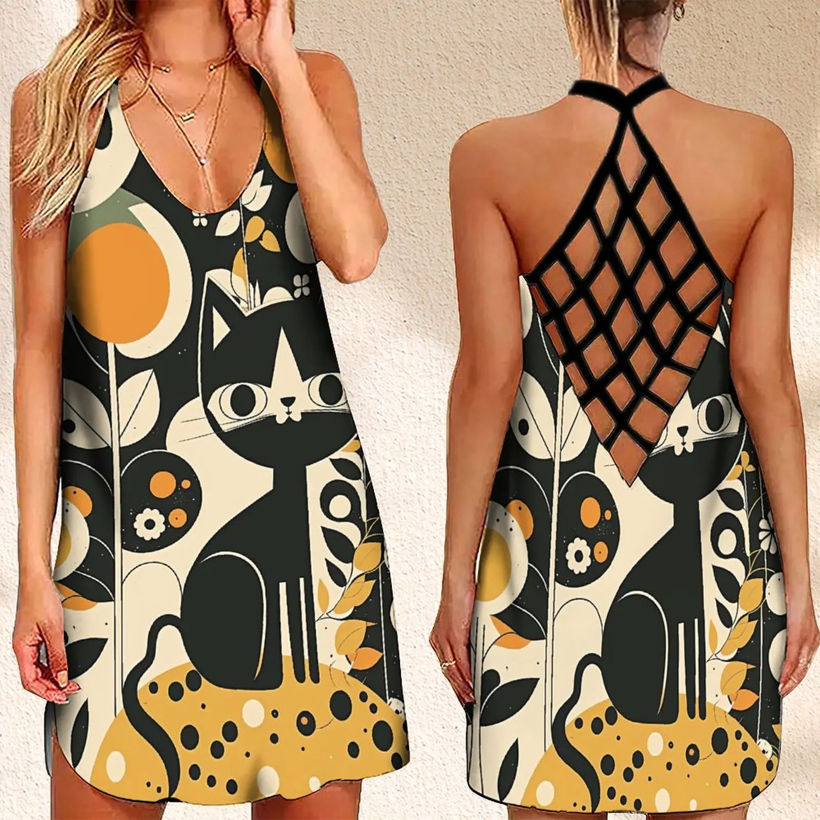 

Summer Women's Criss Cross Backless Sleeveless Dress Mid Century Cat Floral Abstract Print Sexy Dress Woman 2023