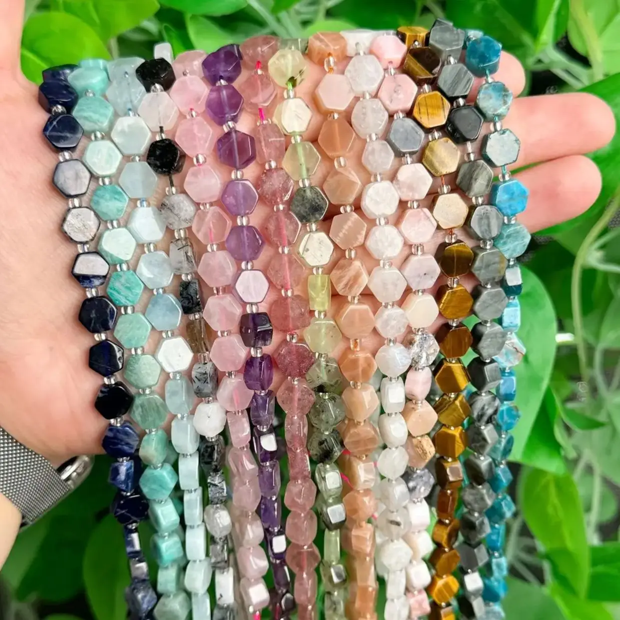 

Natural Stone Sexangle Shape Amethyst Aquamarine Crystal Quartz Stone Loose Bead For Jewelry Making Bracelet Necklace 7.5/15inch