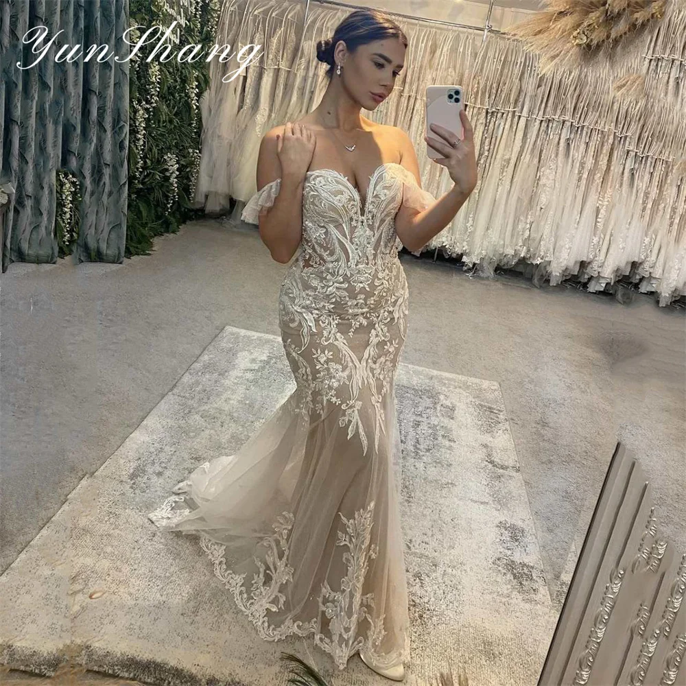 elegant mermaid wedding dresses women lace off the shoulder open back sweetheart split bridal gown sweep train vestidos de noiva Yunshang Elegant Mermaid Wedding Dress Sweetheart Off The Shoulder Open Back Lace 2024 Bridal Gown Sweep Train Vestidos De Novia