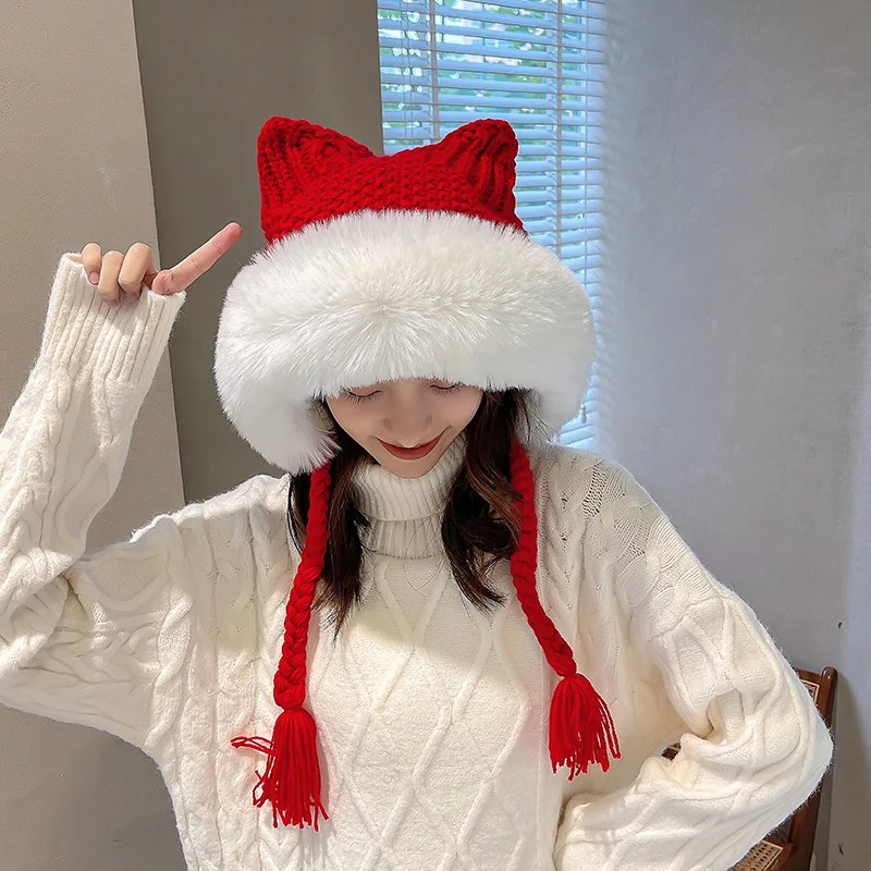 

New Women Winter Warm Cute Beanie Hat Cat Ears Lady Kawaii Knitted Crochet Beanies Hat Cap With Braid For Women