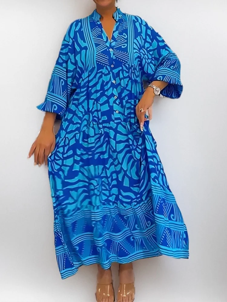 Wmstar Dresses Women 2025 Long Sleeve Print Button Loose Elegant Casual Maxi Long Dress Wholesale Drop Shipping New Stye