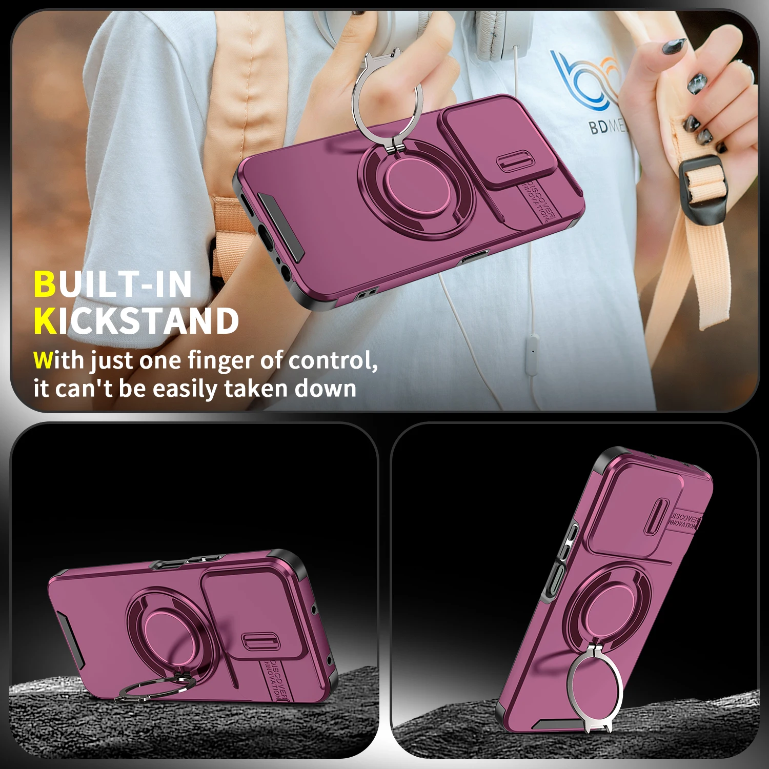 Magnetic Metal Ring Stand Armor Case with Slide Window Lens Protection