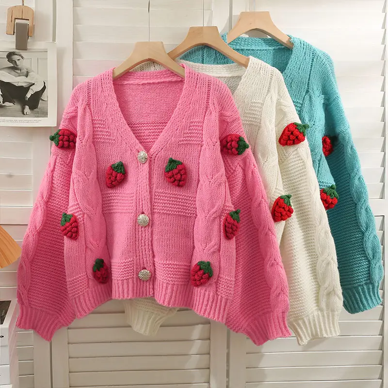 

Women's Clothes Summer Korean Edition Fashion Versatile Sweet Style Stereoscopic Strawberry Loose Slim Knitted Cardigan Sweater