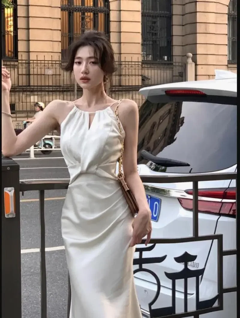 

Sexy Sleeveless Satin Mermaid Long Dresses for Women 2024 New Summer French Elegant Fashion Slim Solid Tank Evening Party Robe