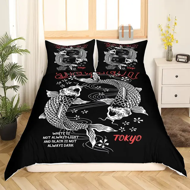 Big Pike Fish Duvet Cover With 2 Pillowcases,Striped Bass Big Fish Eat  Small Fish Pattern Fishing Bedding Set.