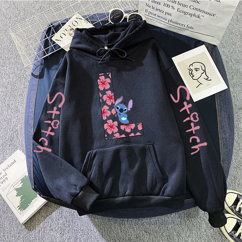 Sweatshirts Women's Winter Hoodies Cute Kawaii Disney Lilo & Stitch 26 English Letters Print Hoodie Fashion Couple Streetwear 2