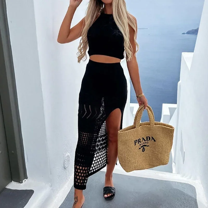 Women Separate Beach Coverall Slim Fit Suspenders Tops Two Piece Sets Stretch Elastic Waist Split Hem Skirt Casual Vacation Wear