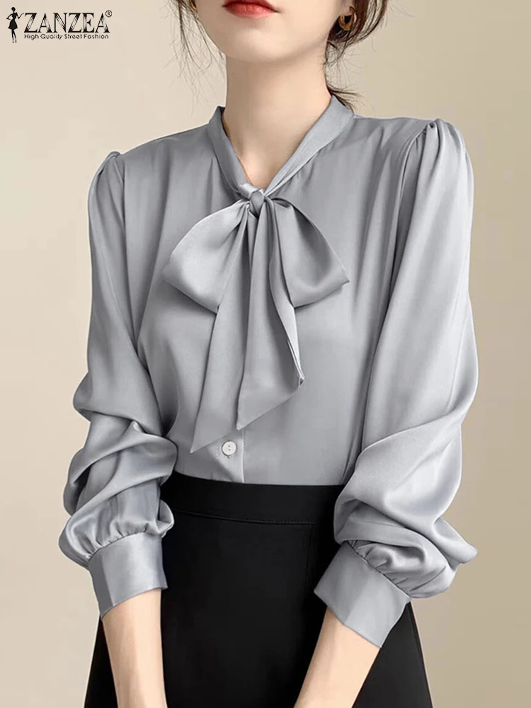 

Офисная Женская блузка ZANZEA, Весенняя рубашка с длинным рукавом и бантом, осенняя однотонная туника, топы, женские офисные блузы, рубашка оверсайз