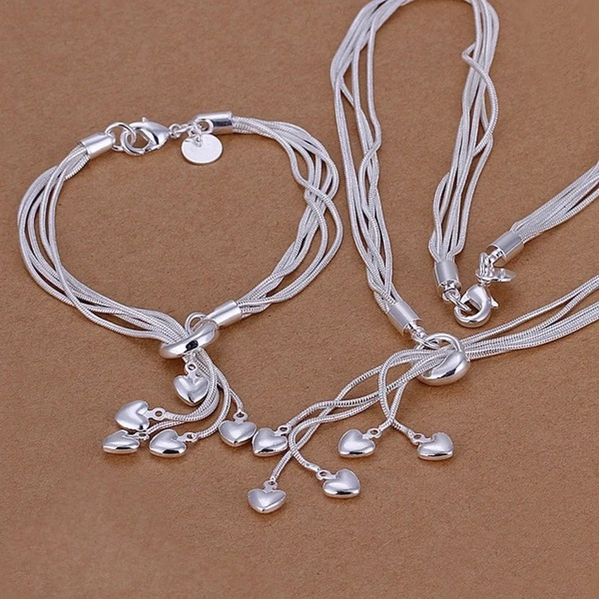 

925 Color Silver Christmas gift retro romantic Taiji hanging five heart necklace bracelets fashion women jewelry sets