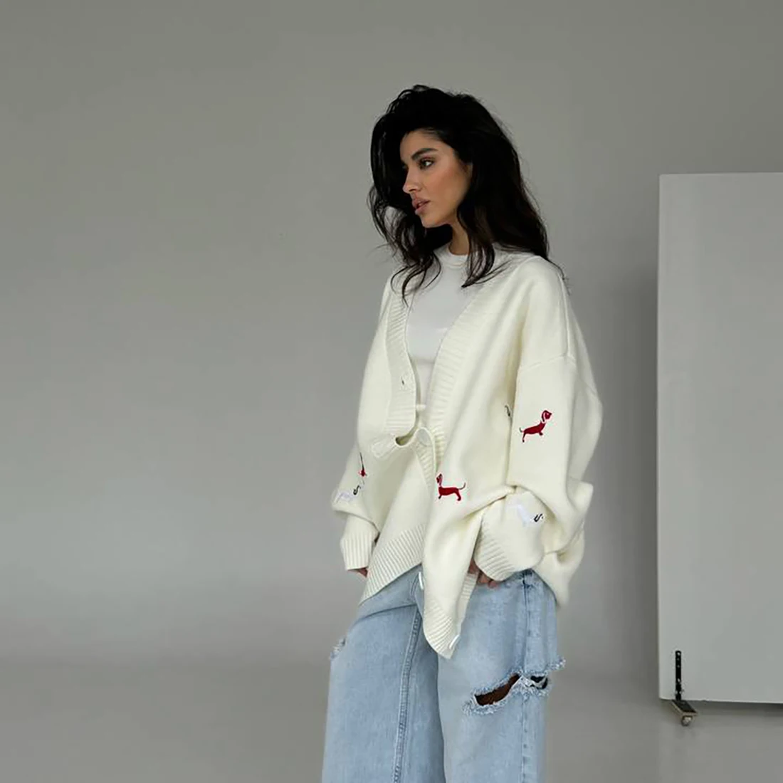 Zekye Cross-border Dachshund Embroidered Sweater Coat For Women Super Loose Soft Lazy Fashionable Knitted Cardigan Outerwear 5