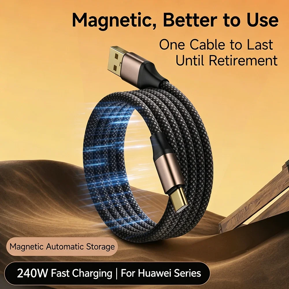 High-Speed 240W Magnetic USB-C Fast Charging Cable with USB-A to USB-C Data Wire