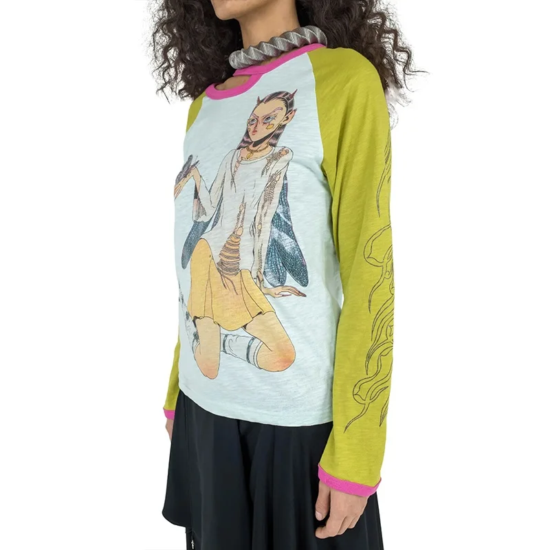 Heavenkiko Y2K Double Head Bear Thin Long Sve T-irt Men's Bamboo Cotton Printed Casual Summer Top round Ne Mid-Length