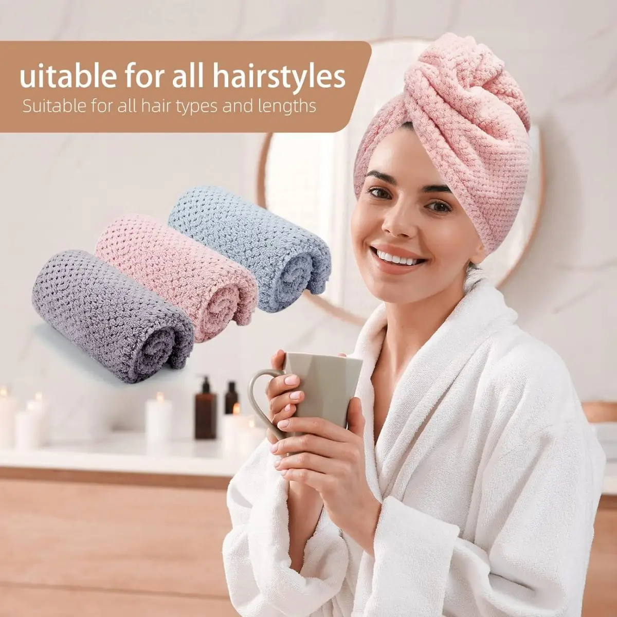 Large Hair Drying Towel Solid Color Water Absorbent Microfiber Wrap with Elastic Strap Soft Quick Drying Towel for Hair