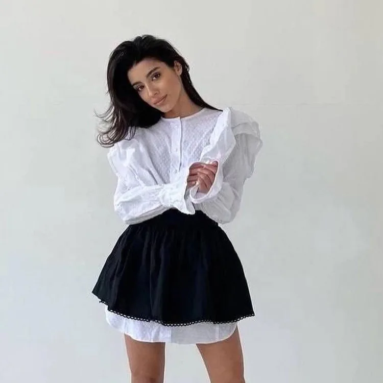 Ruffled Flare Sleeve Shirt Dress For Women With High Waisted Shorts Contrast Color Patchwork Mini Party Dress Autumn New