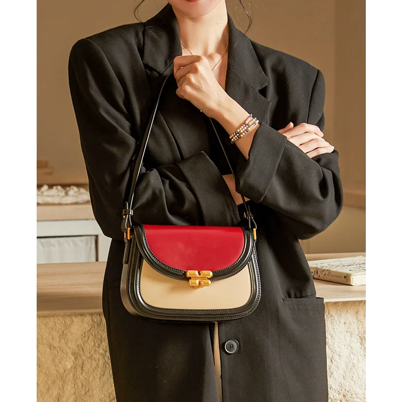 ZR DIARY Contrast Color Saddle Bag for Women's Split Leather Shoulder Bag New Exquisite Lock Buckle Underarm Crossbody Bag 9251