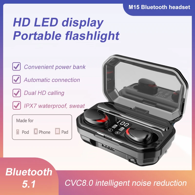 M15 Bluetooth Headset 5.0 Dual Ear In Ear Sport Low Delay Digital Display Tws Touch Noise