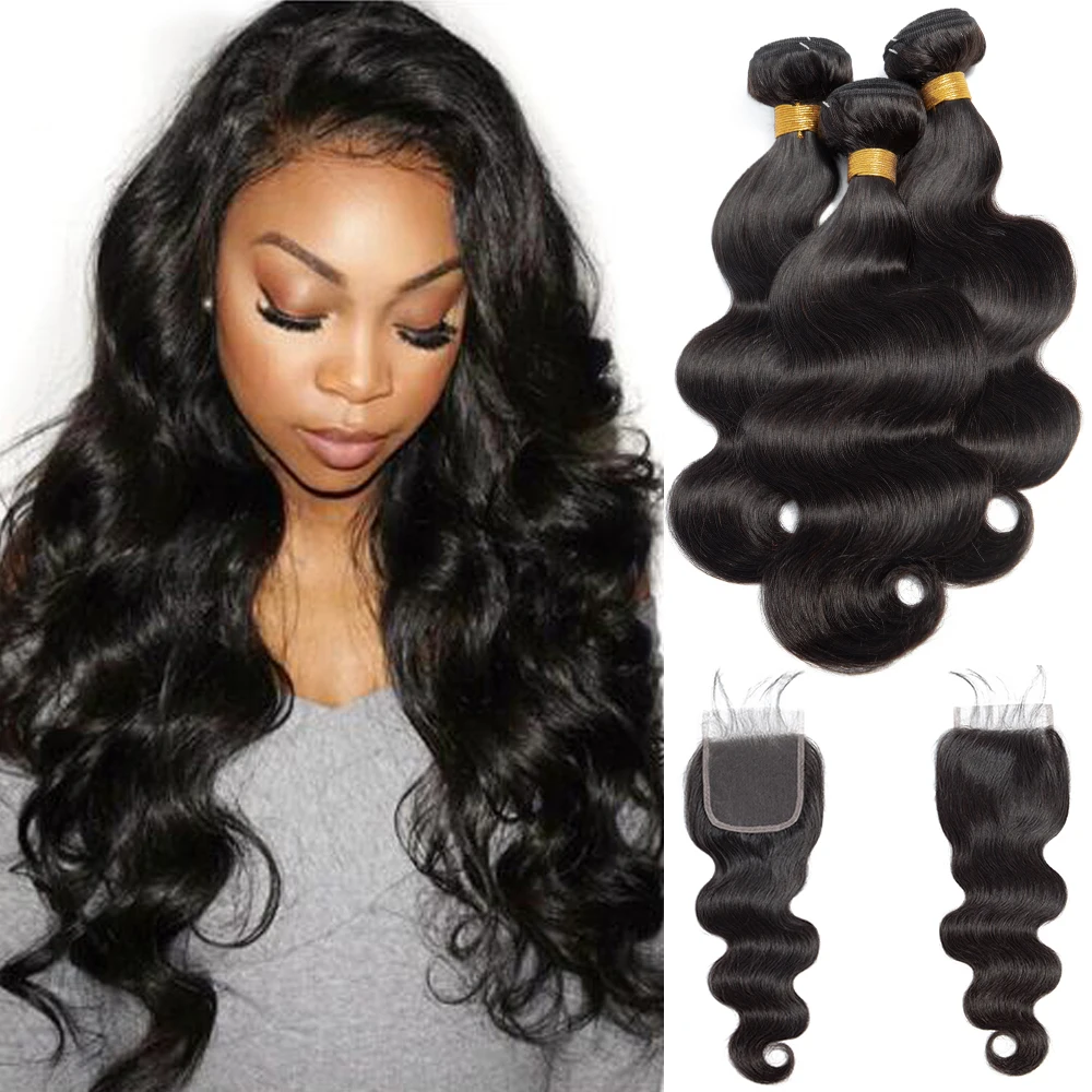 Body Wave 4x4 13x4 Frontal Human Hair Bundles With Closure Brazilian Hair Weave 3/4 Bundles Tissage Wavy Human Hair Extensions