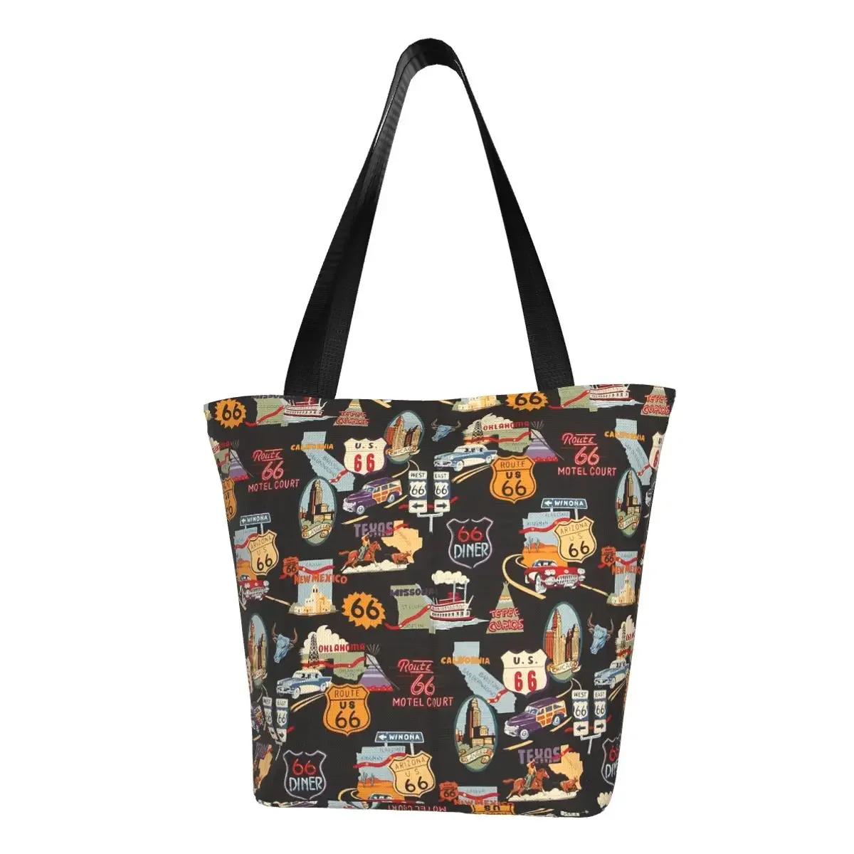 

Custom Retro Route 66 Signs Shopping Canvas Bag Women Washable Groceries Road Trip Landmarks Shopper Tote Bags