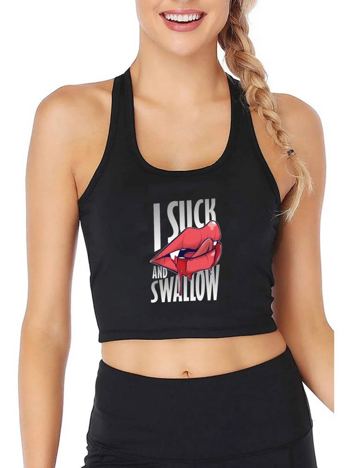 

Blood-Sucking Red Lips Graphics Suck Swallow Print Sexy Crop Top Hotwife Humorous Flirty Tank Tops Swinger Naughty Camisole