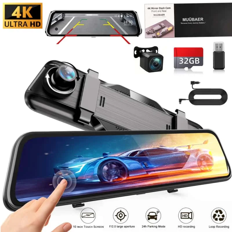10'' 4K Car Dash Camera Full Touch Screen, Night Vision, Backup Camera, 24H Parking Monitor, Loop Recording, Suction Mount