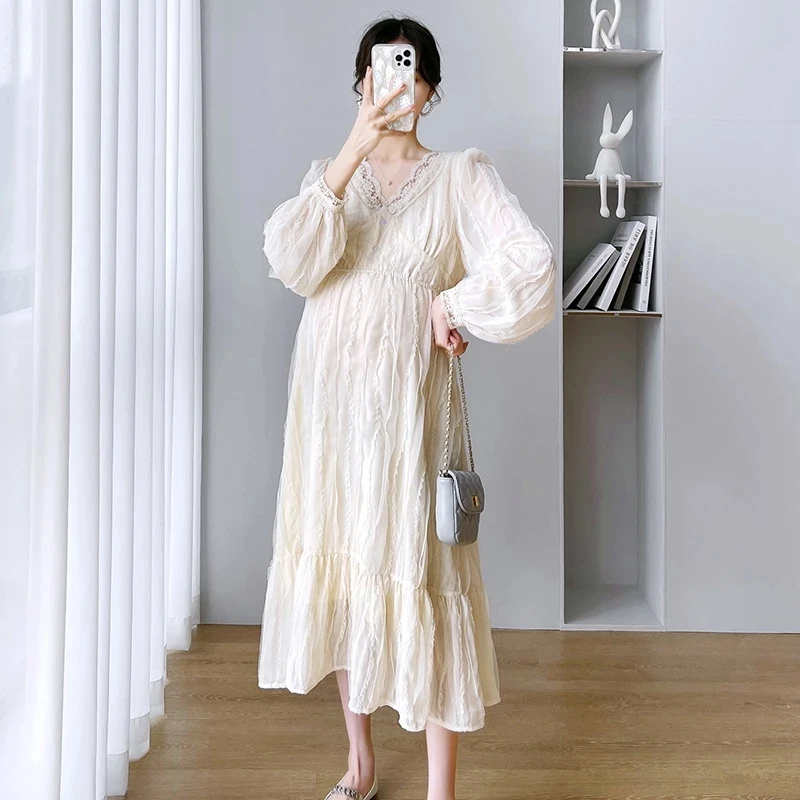 

Summer Puff Sleeve Maternity Sweet Mesh Lace Dress High Waist Square Collar Pregnant Woman Formal Dress Wholesale