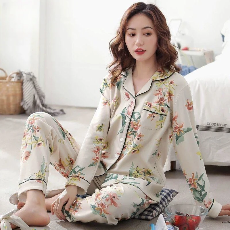 Spring Autumn Women's 100% Pure Cotton Pajamas Long Sleeve Cardigan Oversized Loose Home Clothing Set Luxury Printed Sleepwear